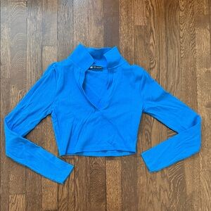 Zara Blue Cropped Long-Sleeve V-Neck Top